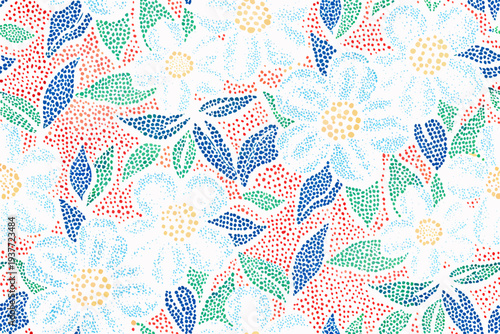 Colorful floral pattern with dotted textures on a white background