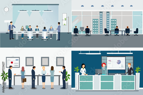 Modern office space with employees collaborating and a welcoming reception area