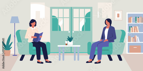 Two women are seated in a comfortable modern therapy office setting