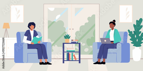 Two women relaxing in a modern living room with plants and art