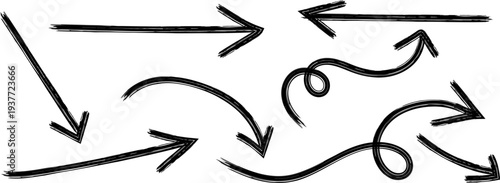 A collection of hand drawn black arrows in various directions and styles are displayed on a plain white background high quality professional detailed