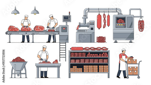 Industrial meat processing factory with workers cutting, grinding, and packaging sausages and steaks on a production line.
