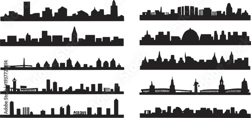 Collection of twelve unique black city skyline silhouettes featuring diverse architectural landmarks, towers, bridges, domes, and modern skyscrapers