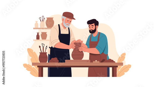 Professional senior potter teaching his young male apprentice the art of shaping clay on a rotating pottery wheel in a studio.