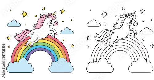 Cute Unicorn Jumping Over Rainbow with Clouds and Stars - Magical Sky Illustration