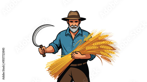 Senior bearded farmer wearing a traditional hat holding a sickle and a large bundle of harvested golden wheat on a white background.
