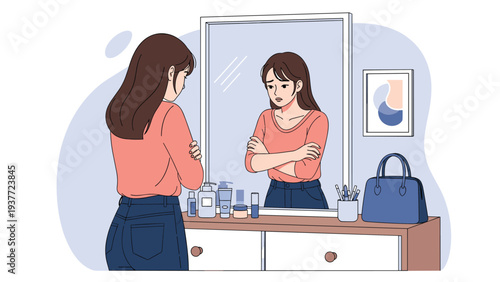 Sad young woman looking at her own reflection in a bedroom mirror while feeling insecure about her appearance and self-image.