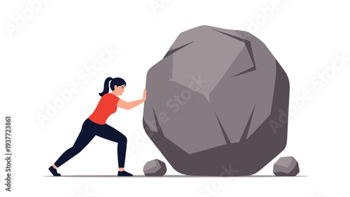 Determined young woman pushing a massive heavy boulder uphill as a metaphor for overcoming difficult challenges and obstacles.