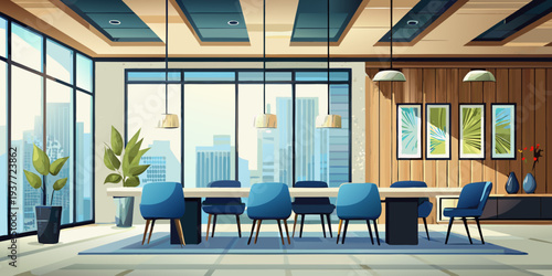 Modern office conference room with a cityscape view and stylish decor