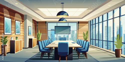 Modern conference room with a large table and city view through windows