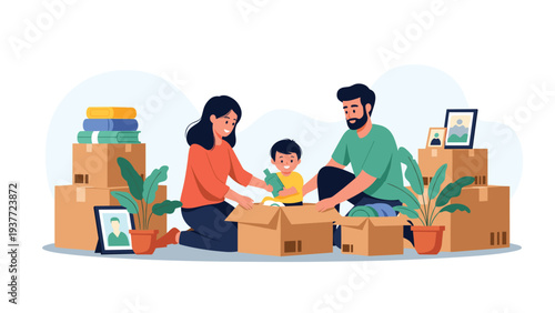 Young family with a toddler packing boxes and preparing for their move into a new house surrounded by domestic items and plants.
