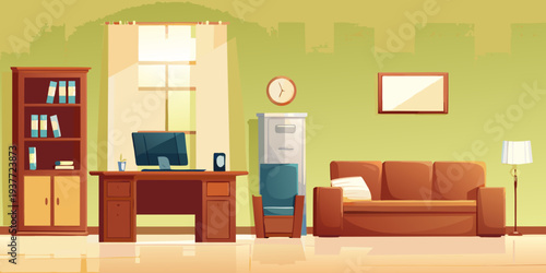 A brightly lit home office interior with furniture and decor