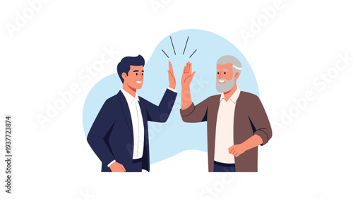 Business man in a dark suit giving a high five to an older gentleman in a brown jacket to celebrate a shared success or goal.