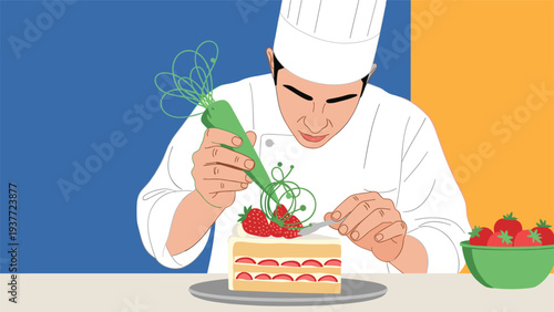 Professional male pastry chef meticulously decorating a strawberry layer cake with green frosting using a piping bag in a kitchen.