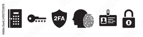 Set of six security and access icons including keypad key two factor authentication fingerprint id card and padlock