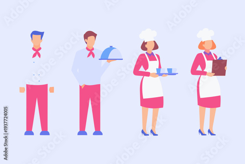 Restaurant staff illustration waiter chef and waitress characters in a line