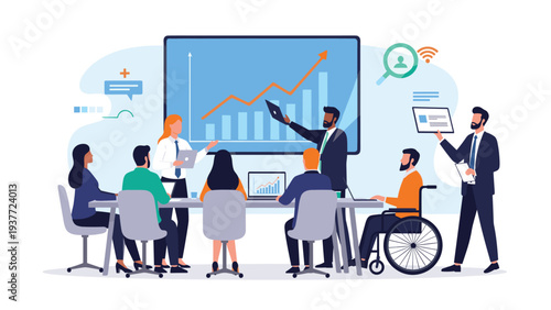 Diverse business professionals gather for a meeting around a table to discuss performance analytics displayed on a large screen.