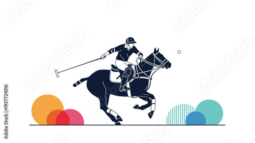 Dynamic illustration of a polo player on a dark horse skillfully hitting a ball with a mallet during a fast-paced game.