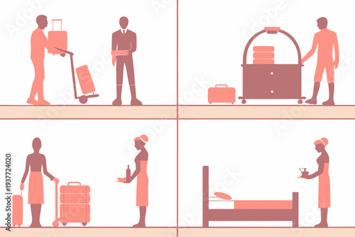 Hotel services illustrated with simple silhouettes in a coral color scheme