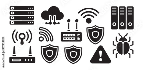 Collection of simple cybersecurity network hardware security and bug icons set