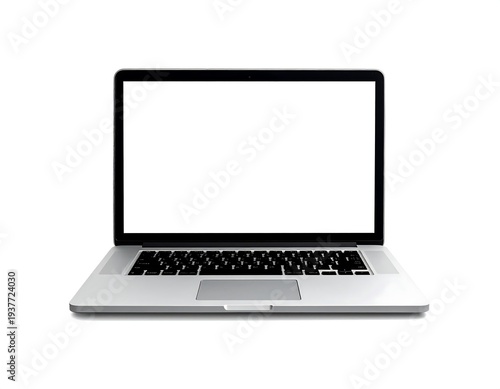 Silver laptop open facing forward, blank white screen. Isolated on a white background