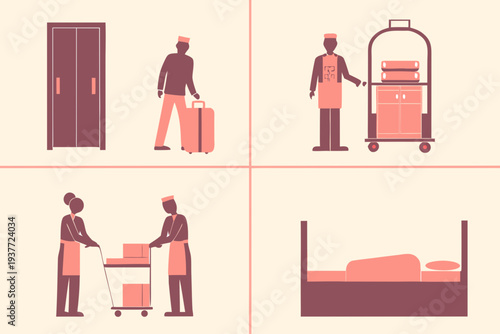 Hotel services and amenities illustrated in a minimalist divided layout