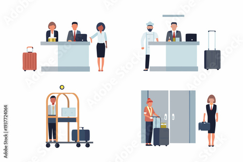 Hotel staff assisting guests with check in luggage and elevator access