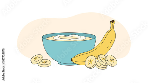Healthy breakfast bowl filled with creamy yogurt and fresh banana slices is served next to a whole ripe banana on a table.