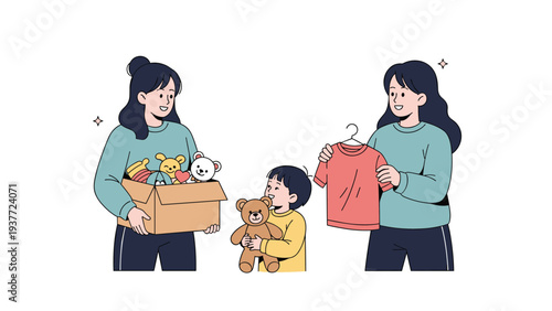 Two women and a young child collaboratively sort through boxes of toys and clothes to prepare them for a charitable donation.