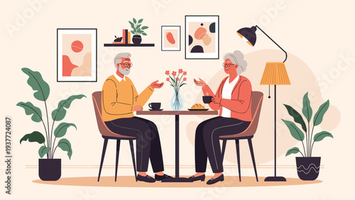 Elderly man and woman enjoy a warm conversation over coffee and croissants while sitting in a beautifully decorated modern living room.