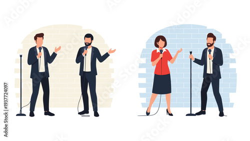 Set of two stage illustrations shows a duo of men and a man and woman performing comedy or singing in front of a brick wall.