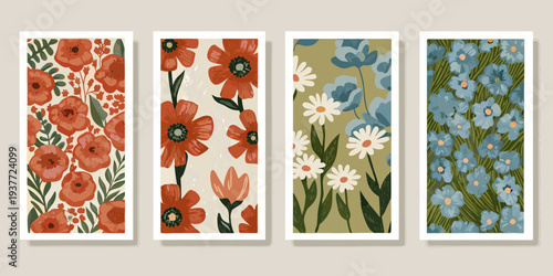Four botanical prints featuring vibrant floral arrangements in narrow frames