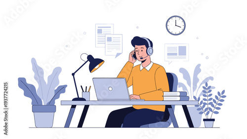 Male customer service representative wearing headphones and talking on the phone while working on a laptop at his office desk.