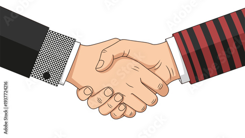 Close-up illustration of two people from different backgrounds shaking hands firmly to seal a successful business agreement.