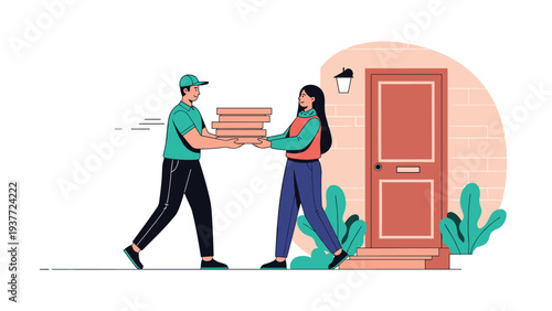 Courier in a green uniform delivering several boxes of hot pizza to a woman standing at the doorway of her residential home.