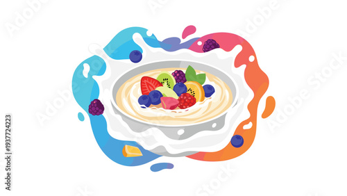 Healthy breakfast bowl of creamy yogurt topped with fresh strawberries, kiwi slices, blueberries, and raspberries in a splash.