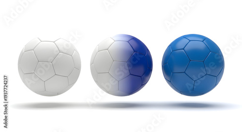 Three soccer balls in varying shades of blue and white, transitioning from light to dark, on a white background with subtle shadow