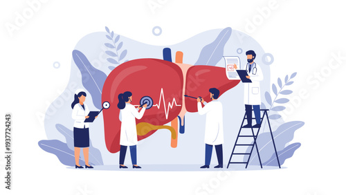 Team of medical professionals conducting a thorough examination and treatment of a giant human liver organ using various tools.
