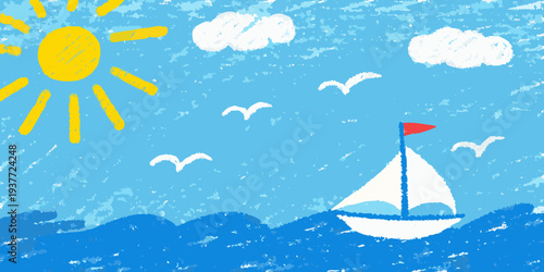 A child s crayon drawing depicts a sunny seascape with a sailboat