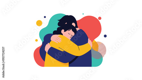 Man and woman embracing each other in a warm and comforting hug against a colorful abstract background of soft flowing shapes.