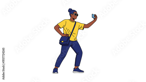 Trendy young man with a stylish blue bun and sunglasses posing and taking a selfie with his smartphone against a white background.