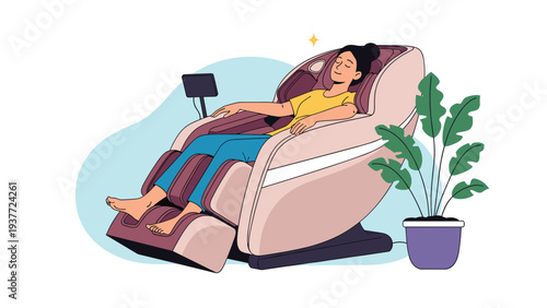 Young woman closing her eyes and enjoying a relaxing massage in a high-tech modern massage chair within a cozy living room.