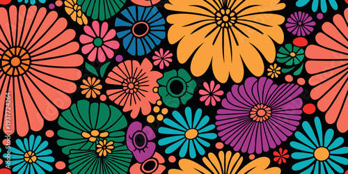 A vibrant retro floral pattern with numerous stylized daisy like blooms