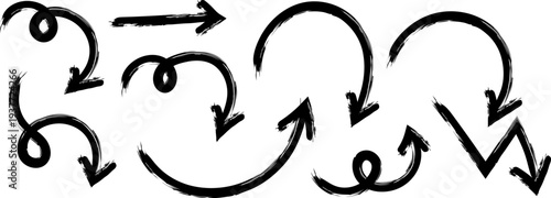 A collection of hand drawn black arrows and swirling lines depicts movement and direction creating a dynamic visual arrangement high quality professional detailed