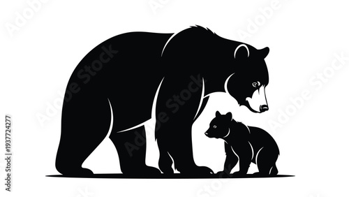 Minimalist black and white silhouette of a large mother bear standing protectively over her small cub on a plain background.