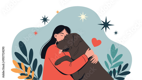 Young girl with long black hair hugging her large brown dog affectionately against a decorative starry blue floral background.