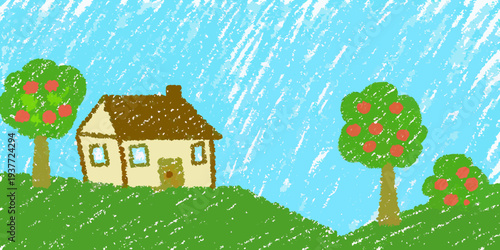A colorful childlike drawing of a house nestled amongst apple trees