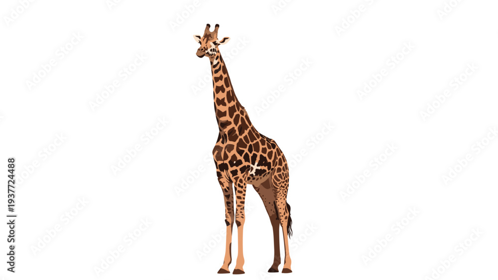 Obraz premium Large adult giraffe with a distinctive brown and orange spotted pattern standing tall against a plain white background.
