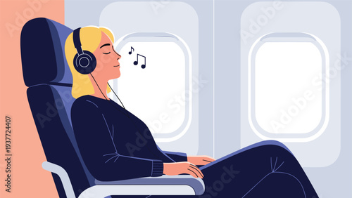 Relaxed woman with blonde hair sitting in an airplane seat and listening to music with headphones during a long flight.