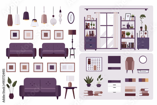 Interior design elements furniture lighting and decorative objects collection